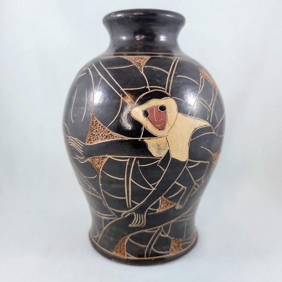 Vase Monkey Etched Pottery Signed Brown Animal Primate Home Decor Flowers Read - Picture 3 of 13